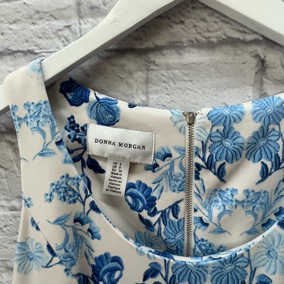 Donna Morgan White Blue Floral Sleeveless Scuba Tea Dress Size 4 New - Picture 2 of 6